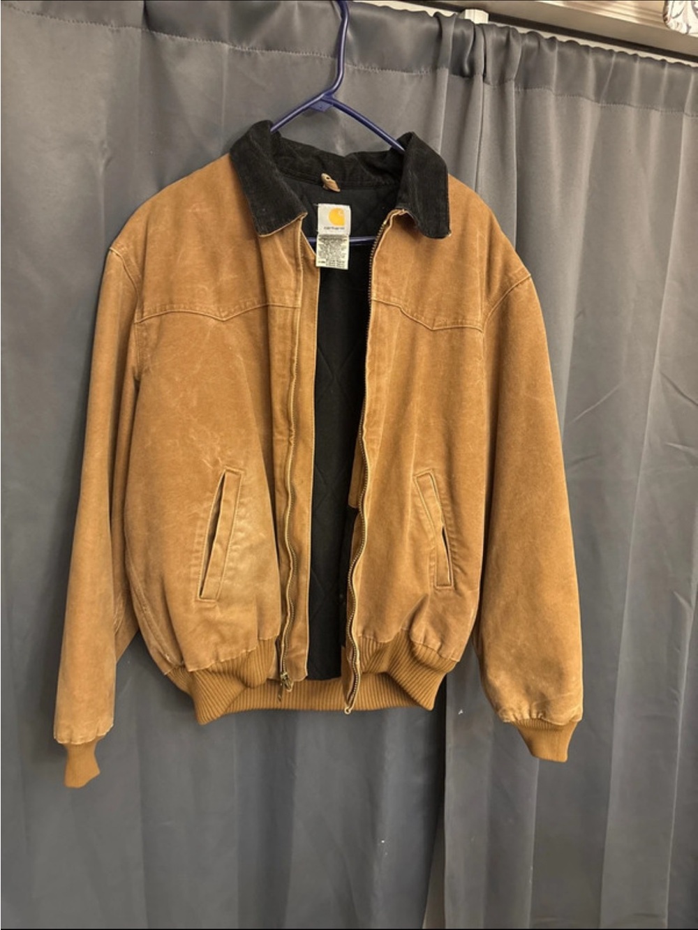 Carhartt Brown Canvas Bomber Jacket with Black Corduroy Collar